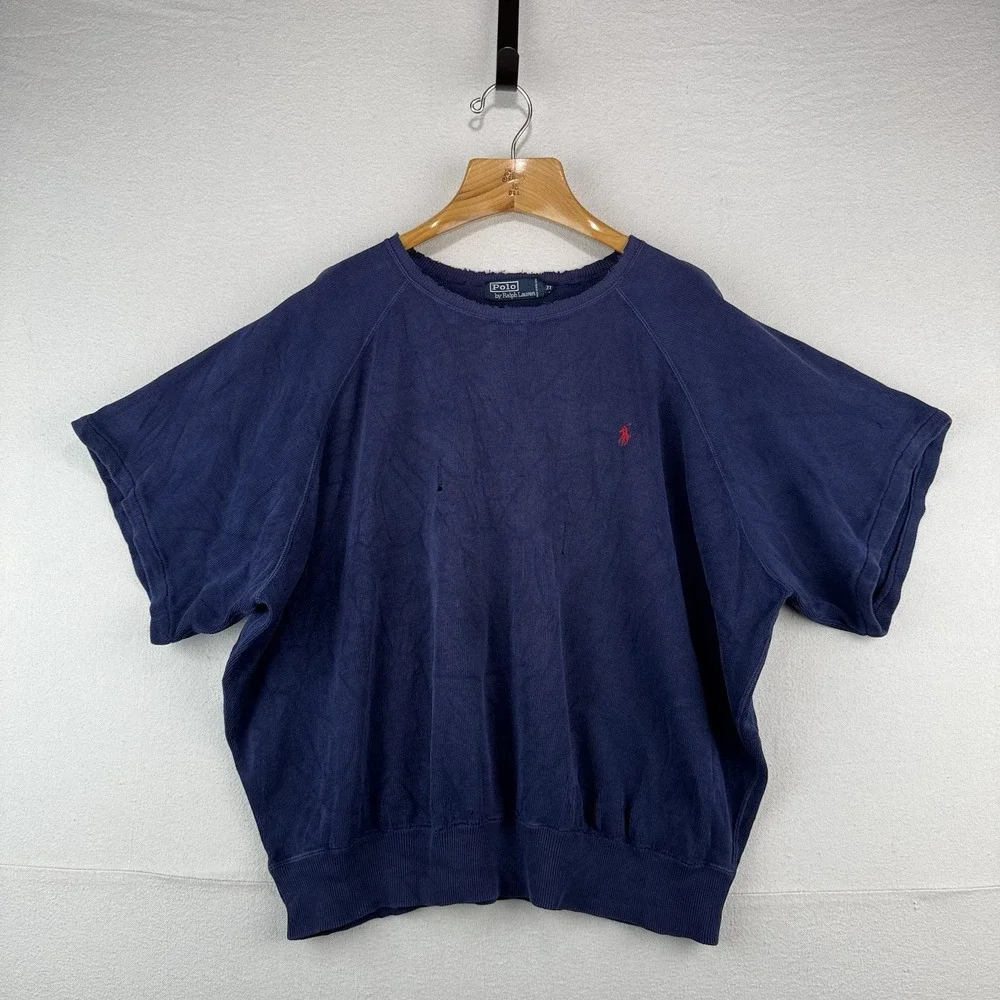 90's‎ Vtg Polo Ralph Lauren Raglan Short Sleeve Sweatshirt Blue XL *Distressed